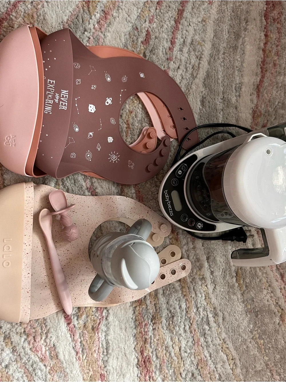 Baby Brezza bundle with Bibs, spoon, plates and Dr. Brown Cup